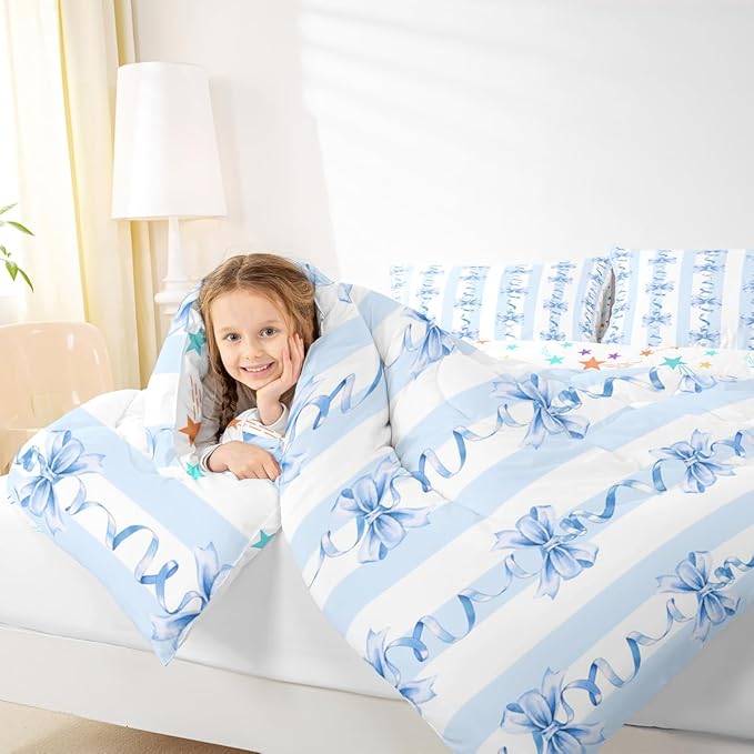 Erosebridal Blue Bowknot Comforter Set King Cute Kawaii Bow Bedding Set for Girls Princess Room Decor,Blue Coquette Bowknot Comforter Geometric Spiral Striped Butterfly Knot Bed Set