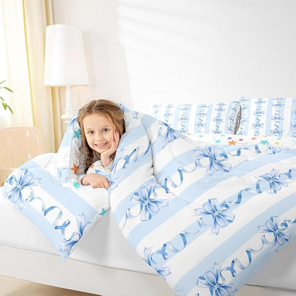 Erosebridal Blue Bowknot Comforter Set King Cute Kawaii Bow Bedding Set for Girls Princess Room Decor,Blue Coquette Bowknot Comforter Geometric Spiral Striped Butterfly Knot Bed Set