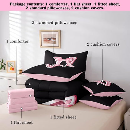 jejeloiu Kawaii Pink Bow Full Comforter Set with Sheets,Gifts for Women Teen Girl,Monogrammed 7 Piece Bedding Set,Soft Personalized Initial Letter V Bed in a Bag with Comforter,Sheets,Pillowcases