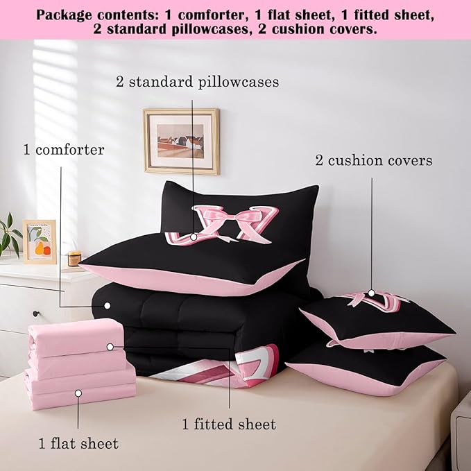 jejeloiu Kawaii Pink Bow Queen Comforter Set with Sheets,Gifts for Women Teen Girl,Monogrammed 7 Piece Bedding Set,Soft Personalized Initial Letter V Bed in a Bag with Comforter,Sheets,Pillowcases