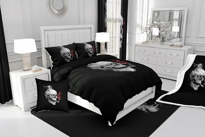 Erosebridal Smoky Skull Comforter Set Queen,Red Leaves Bedding for Kids Boys Girls Teens,Gothic Skeleton Down Comforter, Plant Tropical Botanical Bedding Comforter Sets