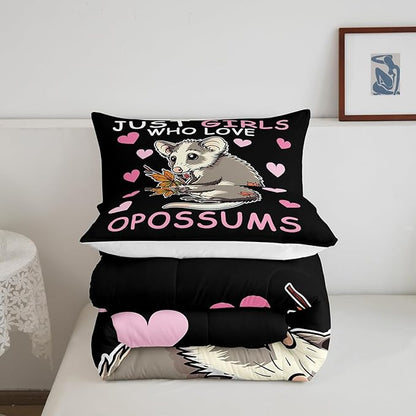 Opossum Boys Kids Comforter Set Full Size,Girl Pink Love Heart Pattern Duvet Set Room Decor,Cute Cartoon Animal Theme Brushed Microfiber Soft Bedding Comforter