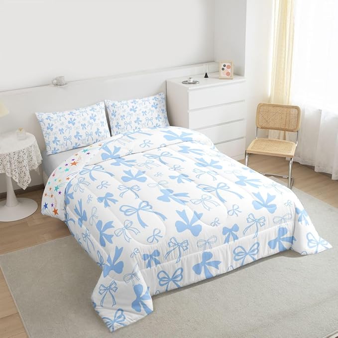 Erosebridal Cute Blue Bow Bedding Set King Size,Dreamy Princess Style Bowknot Comforter Set for Girls Kids Teen,Cute Kawaii Bow Bedding Comforter Sets Girly Coquette Blue Butterfly Knot Quilt