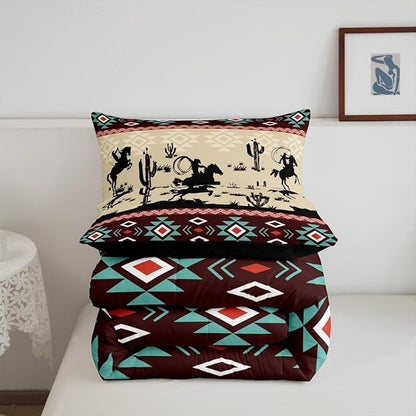 Feelyou Yellow Red Western Decor Bedding Set Southwestern Comforter Set Galloping Horse Wild Western Cowboy Geometric Tribal Comforter Toddler Size Rodeo Cowboy Style Duvet Set 2Pcs
