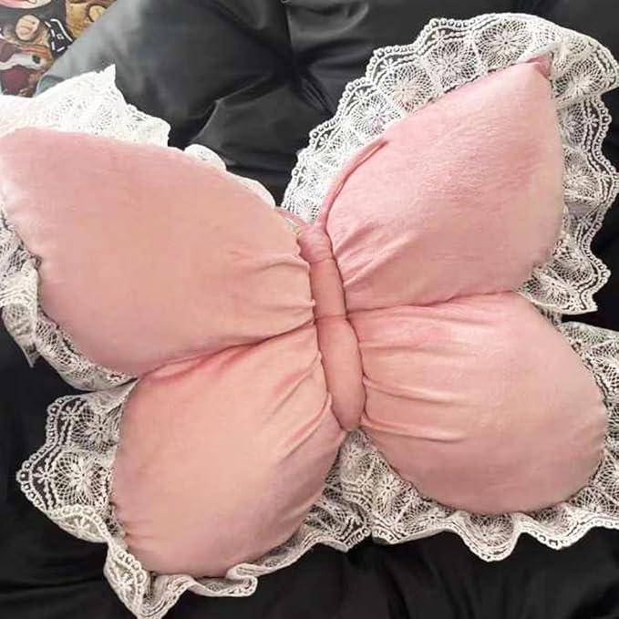 Butterfly Throw Pillow,21.6 inch Velvet Butterfly Decorative Pillow with Lace Trim,Animal Pillow for Couch Living Room Bed,Home Garden Decor (Pink)