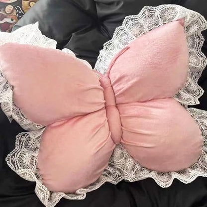 Butterfly Throw Pillow,21.6 inch Velvet Butterfly Decorative Pillow with Lace Trim,Animal Pillow for Couch Living Room Bed,Home Garden Decor (Pink)