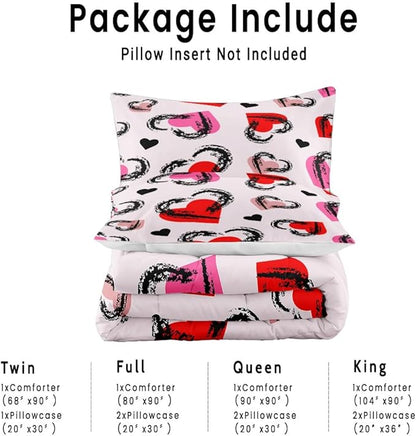 Red Heart Purple Background King Size Comforter Set with 2 Pillowcases, Valentine Heart Black Pink Printed Pillow Shams Soft 3 Pcs Bedding for Kids Adults Bedroom Dormroom Bed Decor All Season