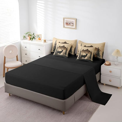 Erosebridal Woodland Cute Deer Bed in A Bag (King Size,7 Pieces) | Deer Hunting Comforter Set with Sheets Rustic Cabin Lodge Bedding Set for Kids Boys Girls Western Animal Silhouette Duvet Insert