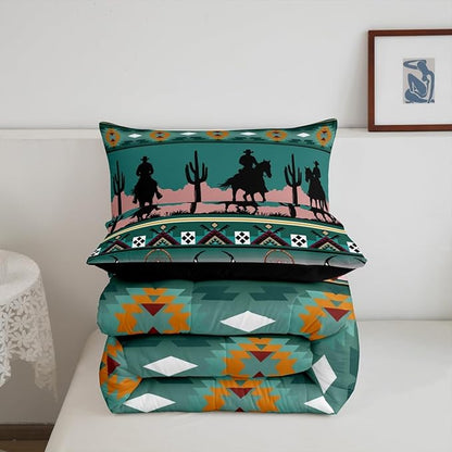 Erosebridal Western Comforter Set Toddler Size, Longhorn Skull Dream Catcher Boho Bedding Set for Kids Boys Teens Adult Bedroom, Cowboy Horse Aztec Quilt Southwestern Geometric Duvet Insert, Green