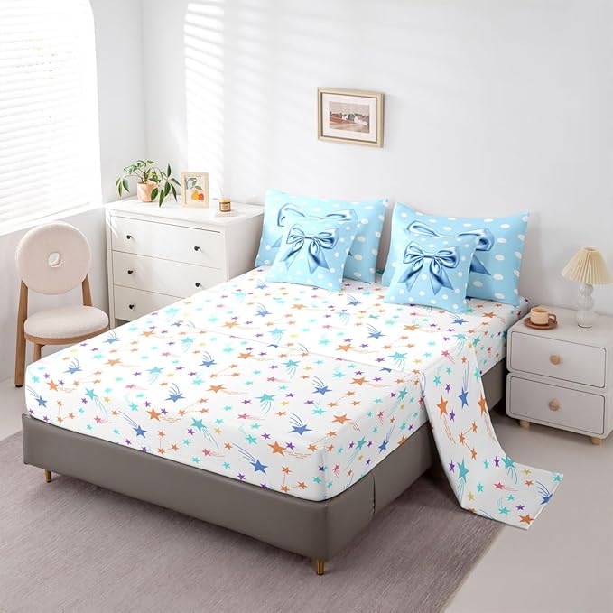Feelyou Blue Bowknot 7 Piece Bedding Set Polka Point Comforter Set with Sheets for Kids Boys Girls Cute Bow Bed in a Bag Princess Theme Bed Set Soft Lightweight