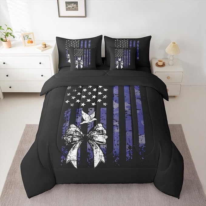 Erosebridal Bowknot King Comforter Set American Flag 7-Piece Bed in A Bag Bow Pigeons Birds Retro Camouflage Sheets and Pillowcases Black White Blue Bed Sets