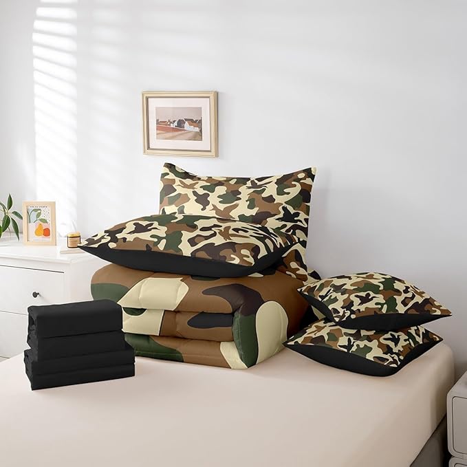 Erosebridal Camouflage 7 Pcs Comforter Set Full Size Hunting Bedding for Kids Army Duck Hunter Bed in A Bag Sheet Set Vintage Green Brown Bedroom Decor Wild Animal Duck Rustic Bed Set