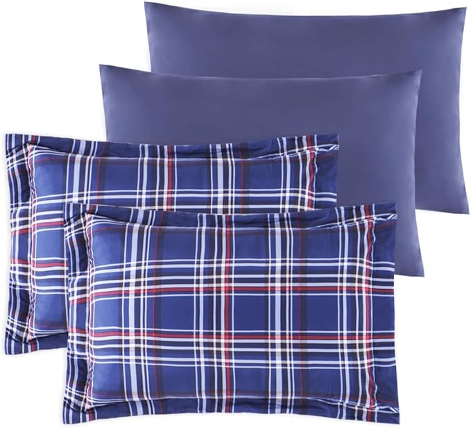 EMME Queen Comforter Set with Sheets, 7 Piece Queen Size Bedding Sets, All Season Plaid Bedspread Bed Set with 1 Comforter, 1 Flat Sheet, 2 Pillowcases and 2 Pillow Shams