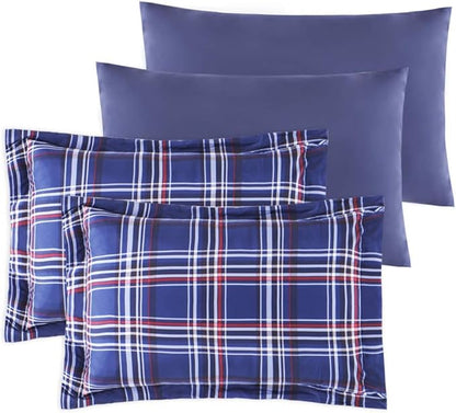 EMME Queen Comforter Set with Sheets, 7 Piece Queen Size Bedding Sets, All Season Plaid Bedspread Bed Set with 1 Comforter, 1 Flat Sheet, 2 Pillowcases and 2 Pillow Shams