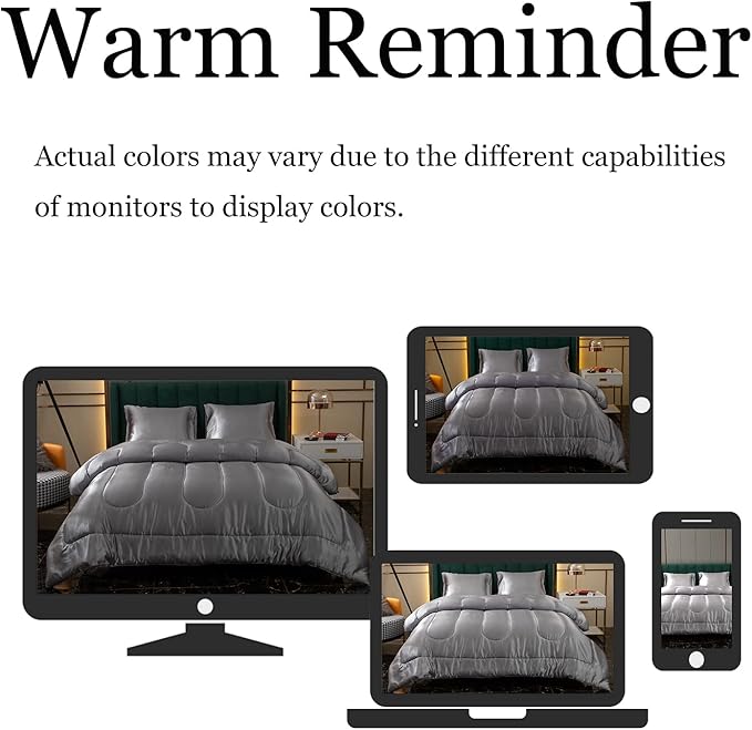 Satin Comforter Set - King Size, Luxury Hotel Style, Silk Like, Polyester Filling, 1 Comforter 2 Pillowcases (Grey)