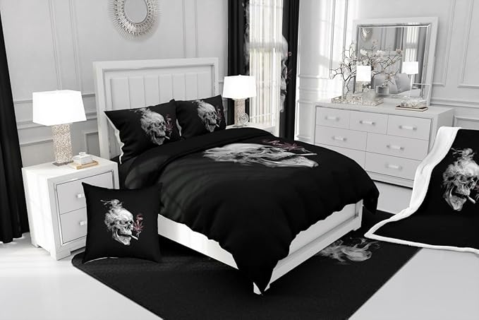 Erosebridal Gothic Skull Bedding Full,Pink Leaves Comforter Set for Kids Boys Girls,Smoky Skeleton Down Comforter, Plant Tropical Botanical Bedding Comforter Sets,All Season