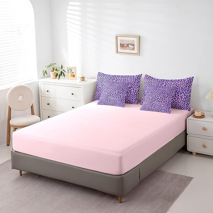 Feelyou Girls Leopard Print Comforter Set Twin Size 7 Pcs Women Purple Leopard Comforter Bed in a Bag Safari Wild Animal Bedding Set for Teens Pink Bed Set with Sheets, Pillowcases, Pillow Covers