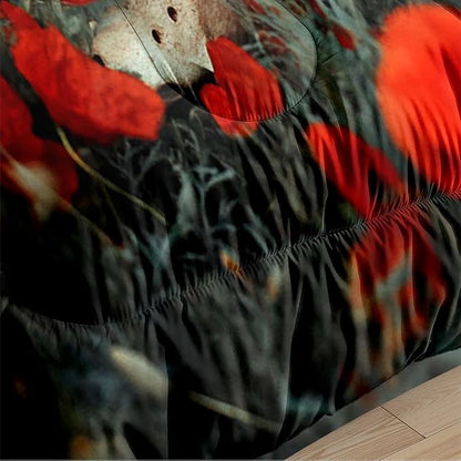 Gothic Skull Comforter Set Queen Size, Black Red Floral Microfiber Bedding Set, Horror Themed Bedroom Decor for Adult/Women