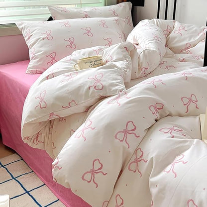 Nayoroom Pink Bow Comforter Set Full Size Polka Dot Bowknot Printed Cute Comforter 3 Pieces Soft Lightweight Kids Girls Dorm Bedding Set for All Seasons