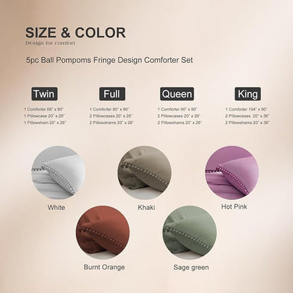 MUKKA Comforter Set 5-Piece Full Size Sage Green, Boho Pom Pom Fringe Comforter Sets Full Size, Bedding Comforter Set with 2 Pillowcases,2 Pillowshams