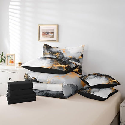 Black Orange Marble Bedding Comforter Sets 7 Pieces Watercolor Artwork Bed in a Bag, Abstract Foil Print Full Bedding Sets Aesthetic Marbling Comforter Set, Mountain Fluid Bedding Sets & Collections