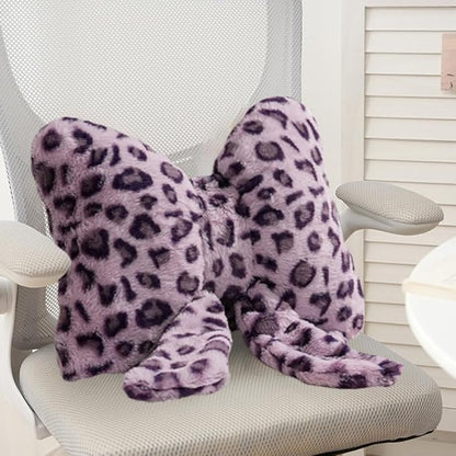 Leopard Print Throw Pillow Furry Bow Plush Pillows Cute Flower Plush Pillow Cheetah Home Decor Stuffed Bow Lumbar Pillow for Bed Couch Living Room Decor (Purple, 16in)