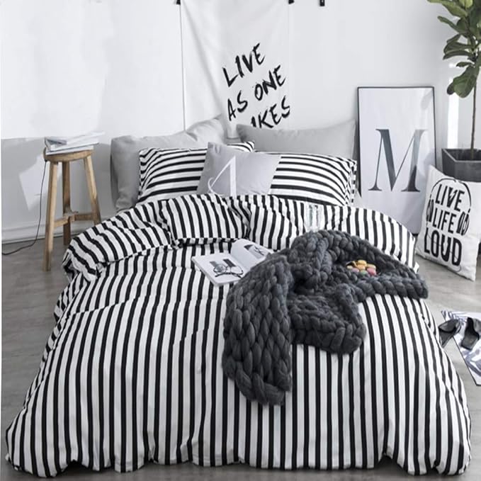 CLOTHKNOW Striped California King Comforter Set Black and White Bedding Comforter Sets All Season Farmhouse Ticking Comforter with 2 x Pillow Cases
