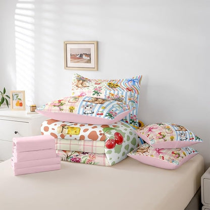 Erosebridal Bow King Comforter Set Cow Girl 7-Piece Bed in A Bag Western Bowknot Floral Rustic Lattice Stripe Sheets and Pillowcases Pink Yellow Bed Sets
