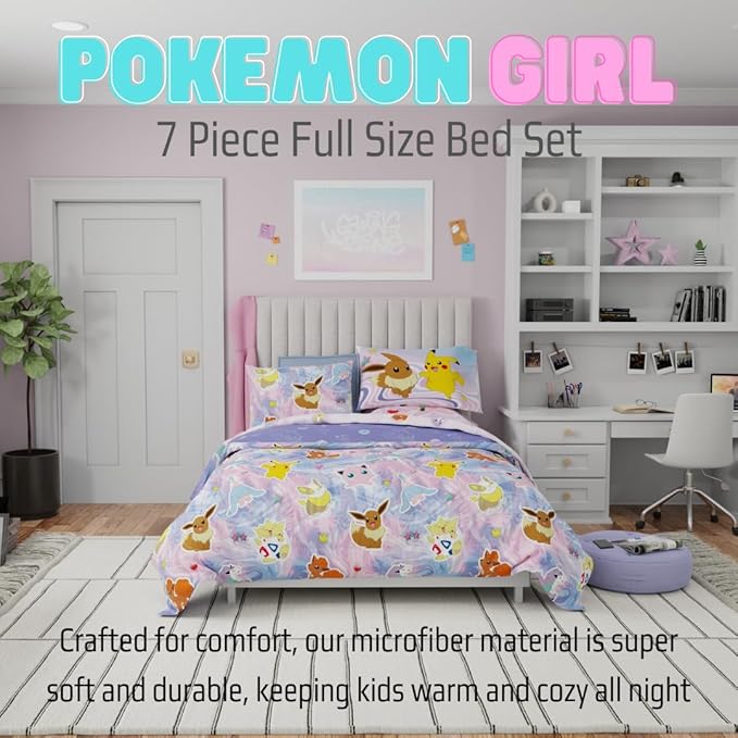Pokémon Eevee, Pikachu, Jigglypuff Girl Bedding Soft Cozy Reversible Microfiber Comforter and Sheet Set with Sham, 7 Piece Full Size, (Official Licensed Product) by Franco Kids