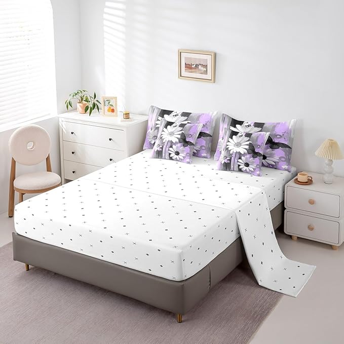 Feelyou Girls Daisy Flower Comforter Set with Sheets Full Size 7 Pieces Kids Butterfly Floral Bedding Set for Boys Women Teens Purple Black Simple Modern Abstract Art Bed in a Bag Room Decor