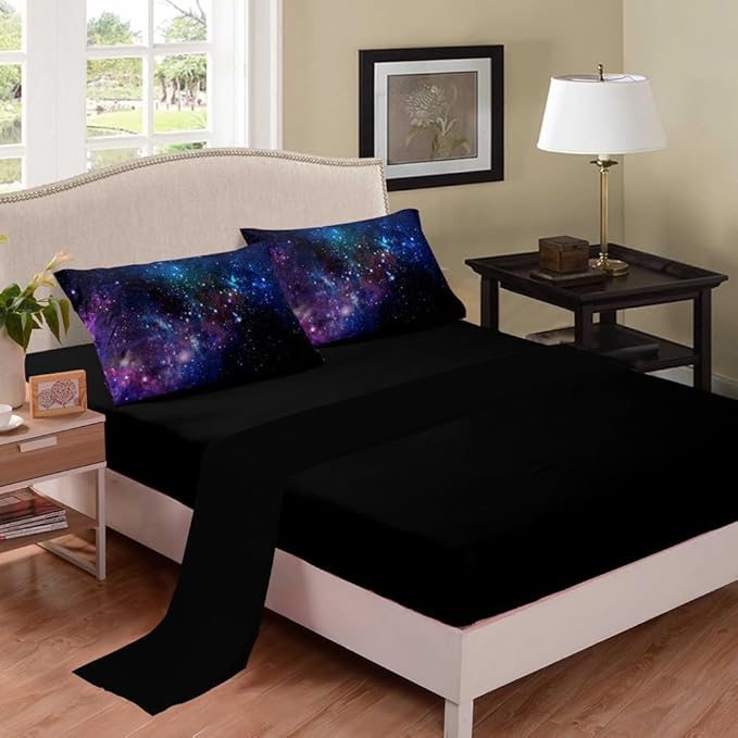 Tailor Shop 5 Pieces Galaxy Comforter Set Queen Size Space Blue and Purple Starry Sky Night Pattern Bedding Set for Girls Boys Kids Twin Size(1 Comforter, 1 Flat Sheet, 1 Fitted Sheet, 2 Pillowcases)
