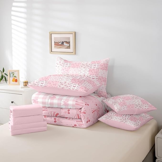 Feelyou Pink Bow Comforter Set with Sheets Queen Size Kids Bowknot Plaid 7 Pieces Bedding Set for Boys Girls Teens Gift for Girls Women Grid Bed in a Bag Breathable Princess Décor Bed Set