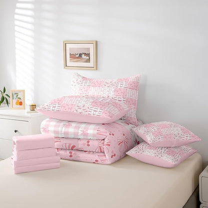 Feelyou Pink Bow Comforter Set with Sheets Twin Size Kids Bowknot Plaid 7 Pieces Bedding Set for Boys Girls Teens Gift for Girls Women Grid Bed in a Bag Breathable Princess Décor Bed Set