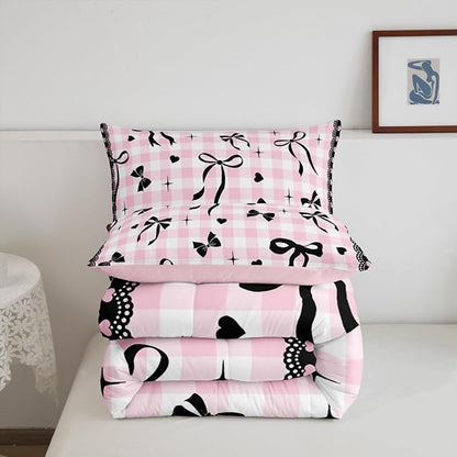 Black Bow Comforter Set King Size,Kids Girls Bowknot Bedding Set 3Pcs,White Pink Plaid Check Quilted Duvet for Teens Young Woman Room Decor,Sweet Love Lace Stripes Down Comforter,2 Pillowcases