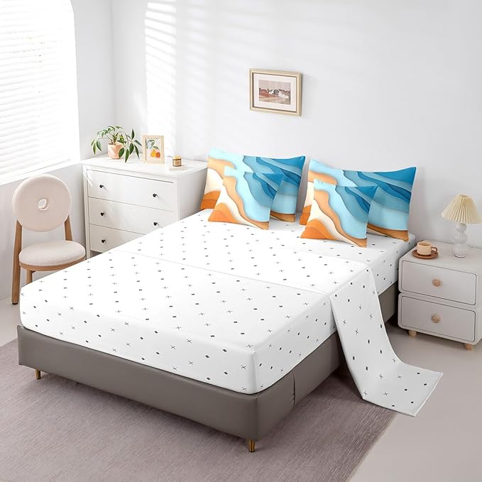 Blue Orange Ombre Bedding Full Size 7-Piece Kids Teens Adults Geometric Stripe Comforter Set, Aesthetic Wave Bedding Comforter Sets Modern Abstract Bed in a Bag, Gradient Bedding Accessories