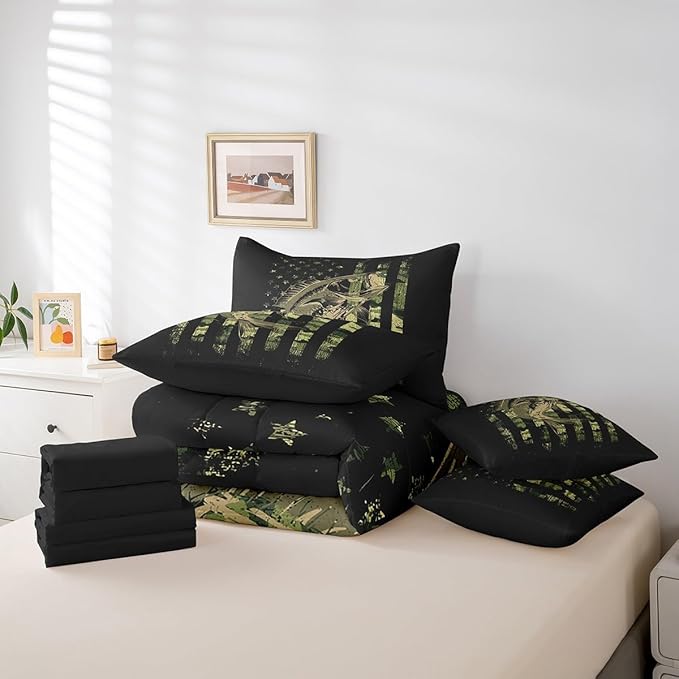 Feelyou Bass Fish Comforter Set Queen Size 7 Pcs Camouflage American Flag Comforter Bed in a Bag Cabin Lodge Bedding Set for Fisherman Rustic Lake Fishing Bed Set with Sheets, Pillowcase, Pillow Cover