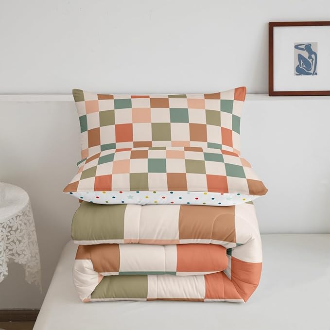 Feelyou Multicolored Checkered Retro Bedding Set Kids Boys Girls Geometric Vintage Comforter Set Toddler Size Ivory White Colorful Duvet Insert Modern Simple Groovy Aesthetic Room Decor
