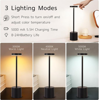 Cordless Table Lamp Set of 2, 5000mAh Rechargeable Battery Powered LED Table Light, Portable Touch Dimming Outdoor Touch Lamps,3 Color Light for Restaurant,Patio,Bedroom,Camping,Cofee (Black)