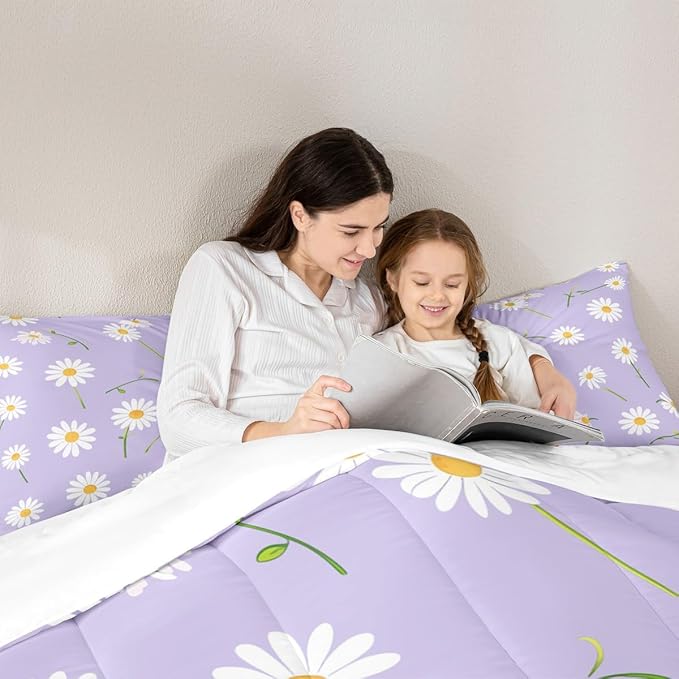 Manfei Cute Flower Comforter Set Queen Size, White Daisy Floral Bedding Set 3pcs for Kids Boys Girls Room Decor, Botanical Plants Wildflower Down Comforter with 2 Pillowcases, No Sheets