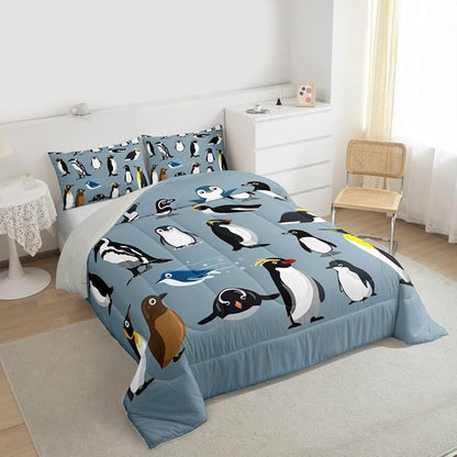 Erosebridal Penguins Bedding Set for Boys Young,Antarctica Animals Wildlife Comforter Set for Kids Man,Cartoon Little Penguins Quilted Duvet,Cute Wild Safari Theme Bedroom Decor Twin Size