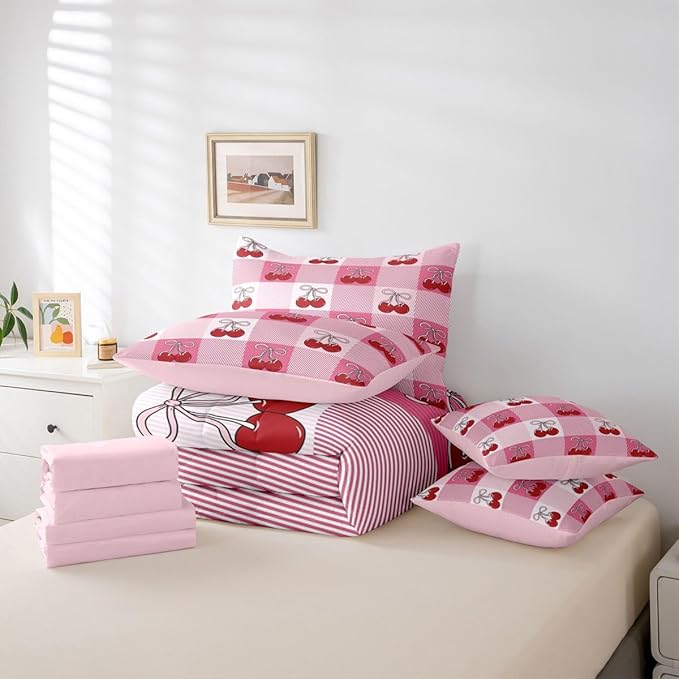 Feelyou Cherry Prints Comforter Set Queen Size 7 Pieces Pink Bow Bedding Set for Kids Boys Girls Buffalo Check Bed in a Bag with Comforter, Sheets, Pillowcases, Cushion Covers Cute Fruit