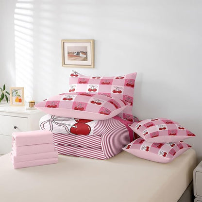 Feelyou Cherry Prints Comforter Set Twin Size 7 Pieces Pink Bow Bedding Set for Kids Boys Girls Buffalo Check Bed in a Bag with Comforter, Sheets, Pillowcases, Cushion Covers Cute Fruit Bedroom Decor