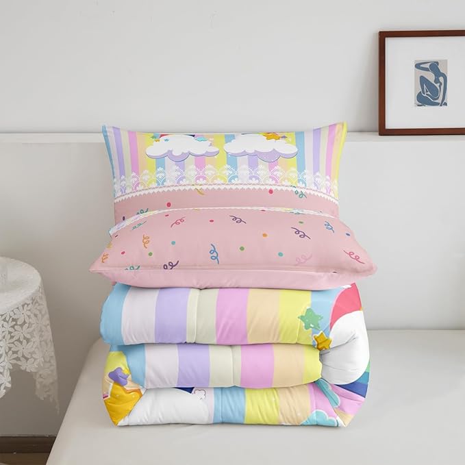 Cute Rainbow Kids Comforter Set King Size,Colorful Dots Stripes Kawaii Sketch Reversible Bedding Set All Season Quilt Set,Cartoon Style White Lace Print Soft Warm Polyester Down Comforter