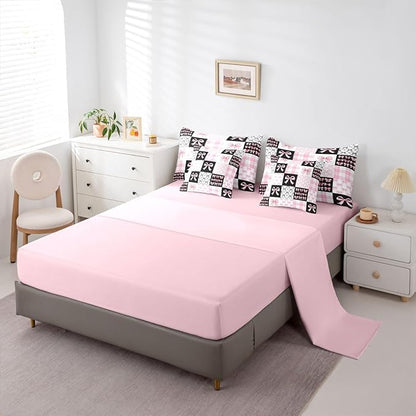 Feelyou Black Pink Bow Comforter Set with Sheets 7 Piece King Size Princess Bow Bedding Set for Kids Boys Girls Cute Bowknot Bed in a Bag Kawaii Room Decor Soft Lightweight Microfiber