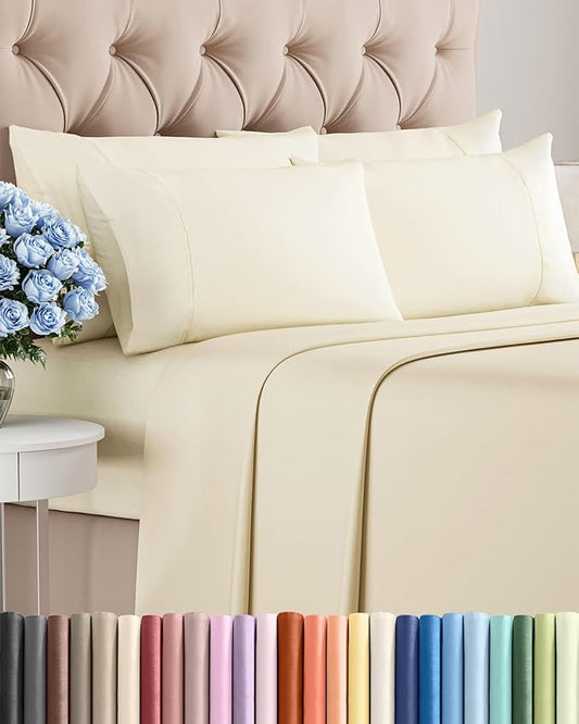 Full 6 Piece Sheet Set - Comfy Breathable & Cooling - Ultra-Soft Hotel Luxury Bedding Set with 8-16 Inch Deep Pockets - 1 Flat & 1 Fitted Sheet & 4 Pillowcases - Wrinkle Free & Easy Care - Off White