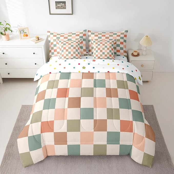 Feelyou Multicolored Checkered Retro 7 Piece Bedding Set Kids Boys Geometric Vintage Comforter Set with Sheets Twin Size Ivory White Colorful Bed in a Bag Modern Simple Groovy Aesthetic Room Decor