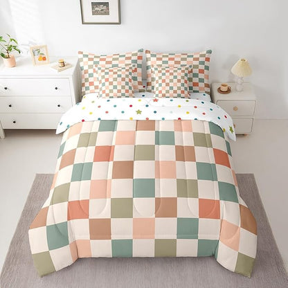 Feelyou Multicolored Checkered Retro 7 Piece Bedding Set Kids Boys Geometric Vintage Comforter Set with Sheets Twin Size Ivory White Colorful Bed in a Bag Modern Simple Groovy Aesthetic Room Decor