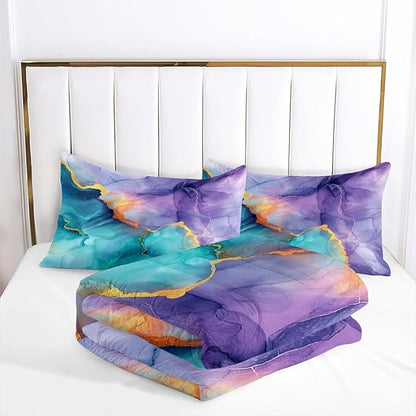 Blue Purple Marble Comforter Set Queen Size Teal Ombre Abstract Bedding Set Women Men Modern Aesthetic Comforters 3 Pieces Gold Marbling Art Bed Sets Soft Lightweight 90x90 Comforter Sets