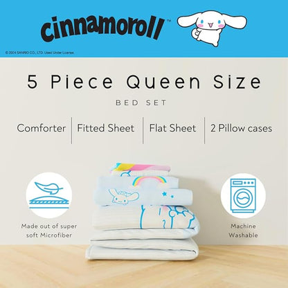 Cinnamoroll Bedding - 5 Piece Queen Size Bed Set - Super Soft Microfiber Comforter and Sheet Set, (Officially Licensed Product) by Franco Collectibles