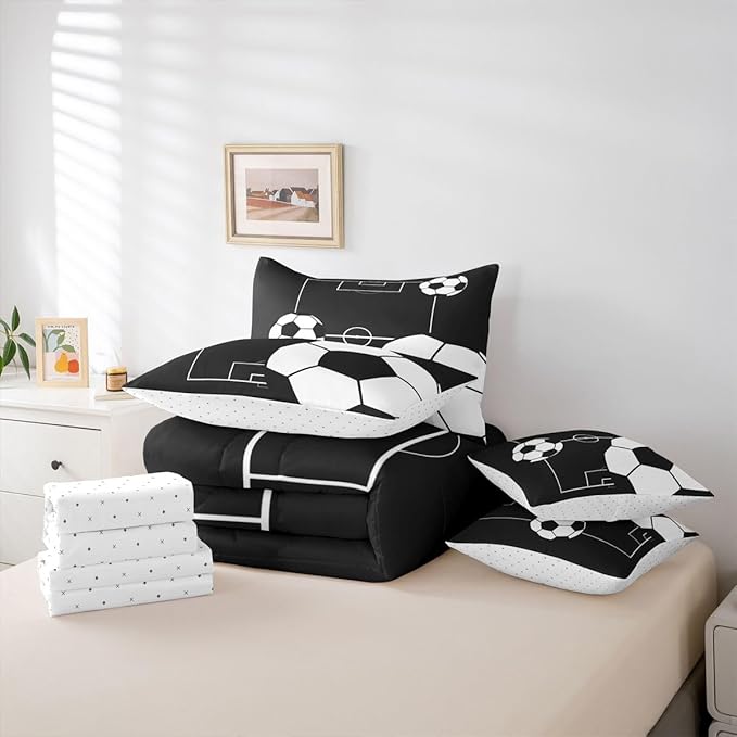 Erosebridal Soccer Ball 7 Piece Bedding Set Twin Boys Sports Comforter Set with Sheets Football Playground Pattern Bed in a Bag Black White Football Court for Kids Boys Girls